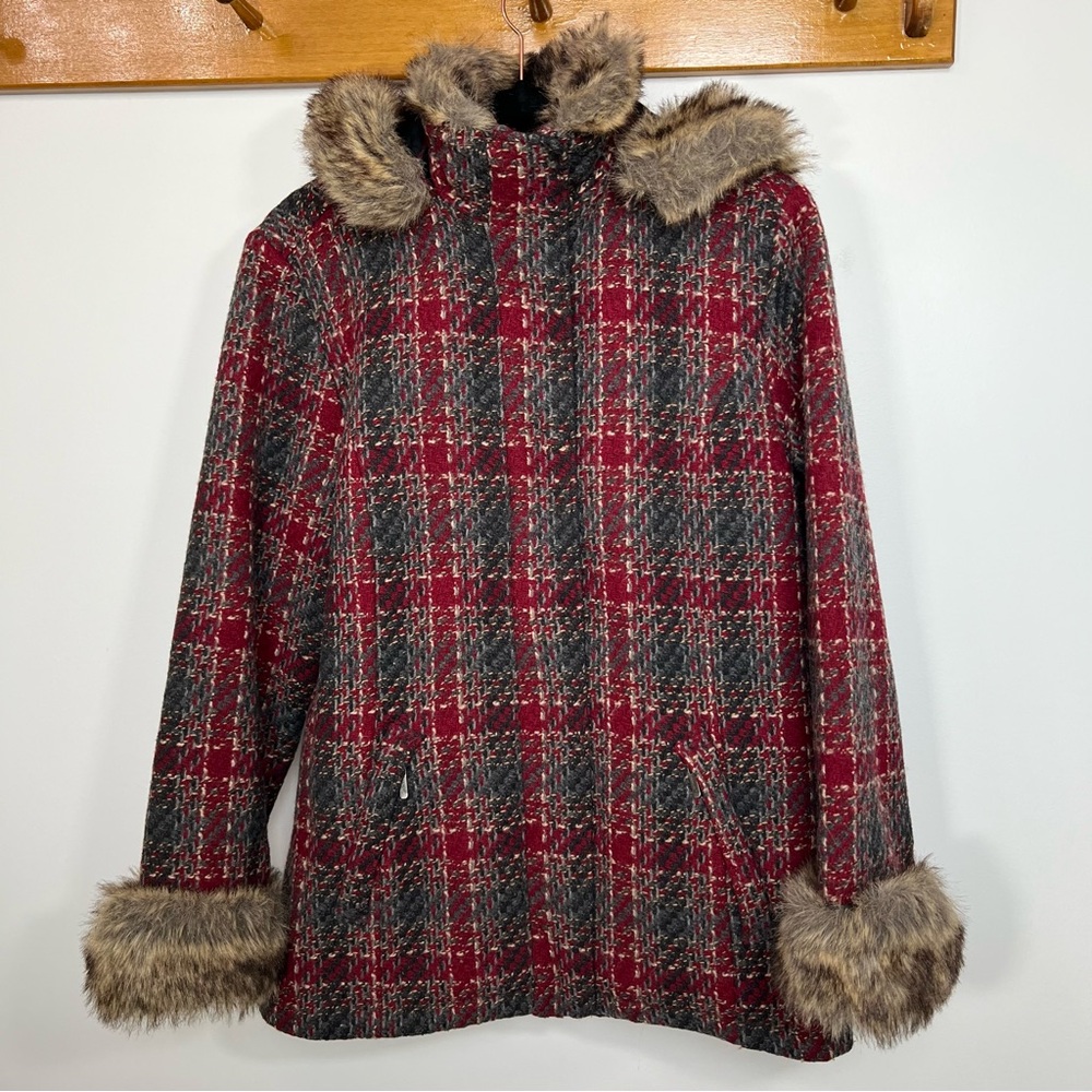 Woolrich Ruby Plaid Tweed Jacket with Faux Fur Trim size S